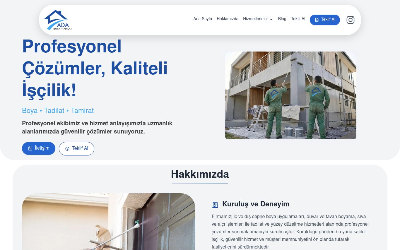 Ada Boya & Tadilat: Hizmet Tanıtım Sitesi ana sayfa ekran görüntüsü