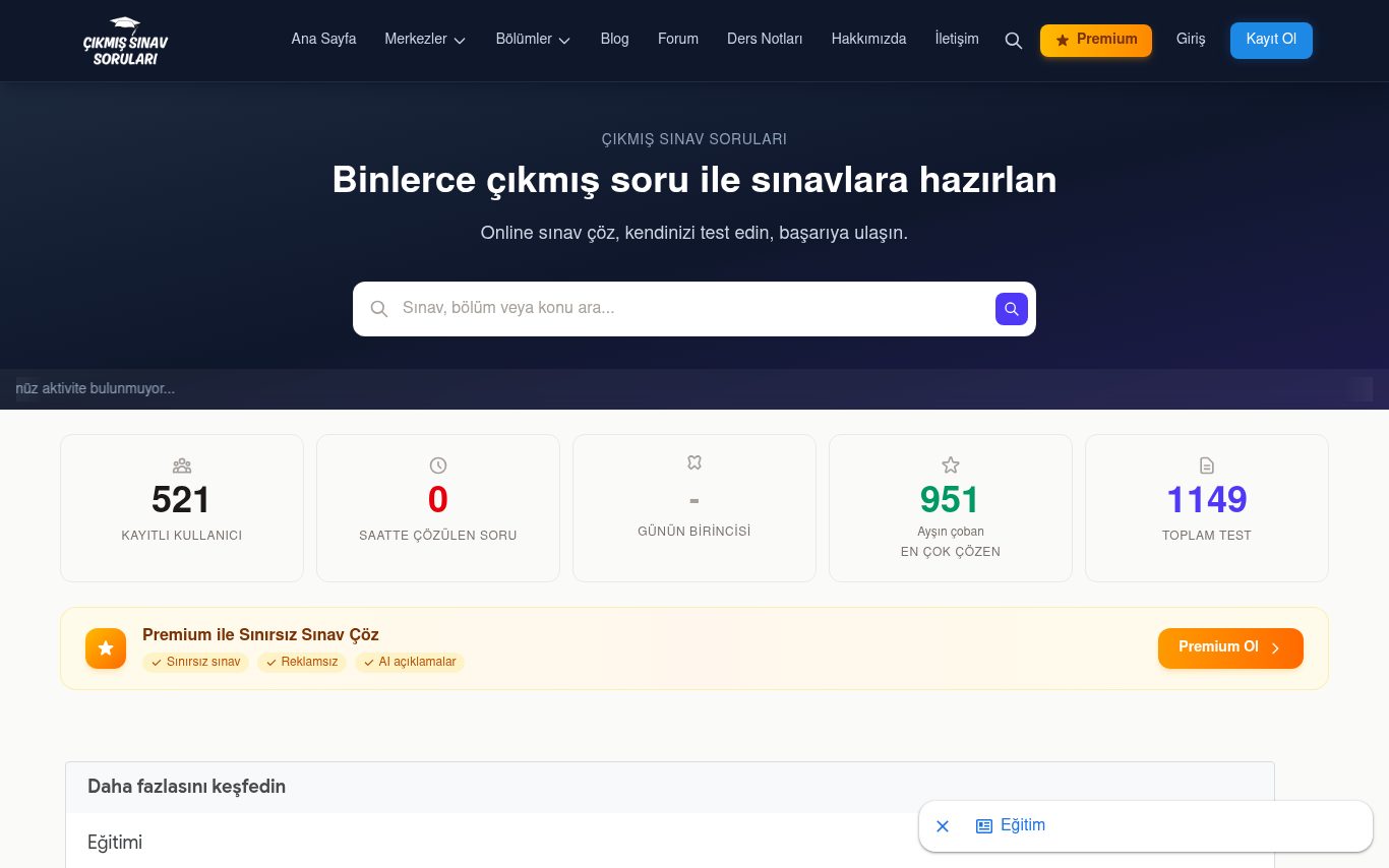 Çıkmış Sınav Soruları: Filtrelemeli Eğitim Platformu ana sayfa ekran görüntüsü