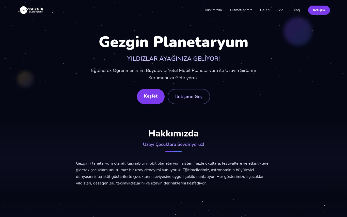 Gezgin Planetaryum: Eğitici Etkinlik Tanıtım Sitesi ana sayfa ekran görüntüsü