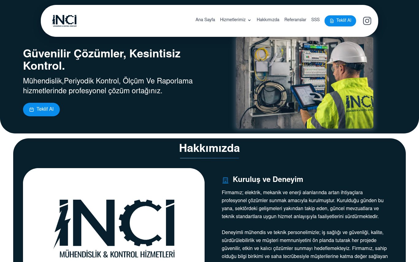 İnci Mühendislik: Kurumsal Web Sitesi ana sayfa ekran görüntüsü