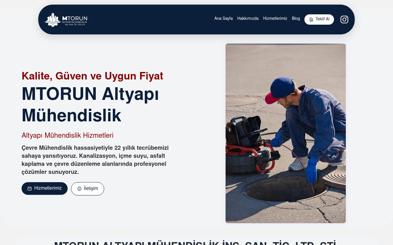 MTORUN Altyapı Mühendislik: Kurumsal Web Sitesi ana sayfa ekran görüntüsü
